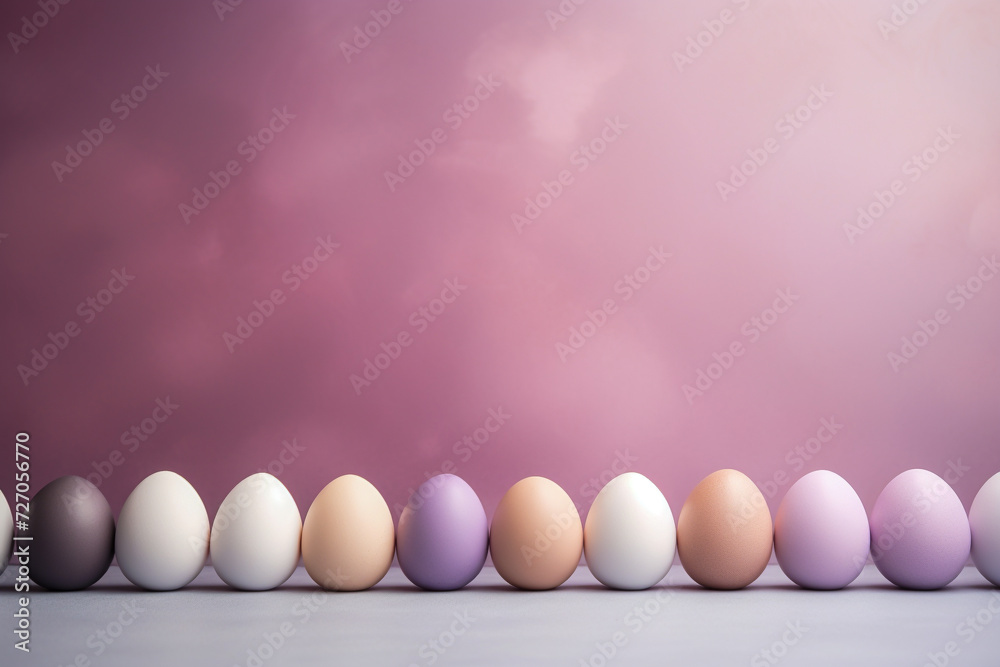 Front view of colorful easter eggs in a row. Pink marbled background with copy space and place for text. Holiday celebration concept. Banner for greeting, invitation card. Front view of colorful easter eggs in a row. Pink marbled background with copy space and place for text. Holiday celebration concept. Banner for greeting, invitation card.