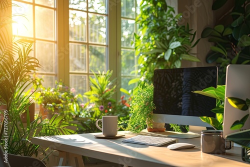 Modern home office with greenery and lots of green plants. Work life balance concept. Enjoying working from an atmospheric home office full of green plants.