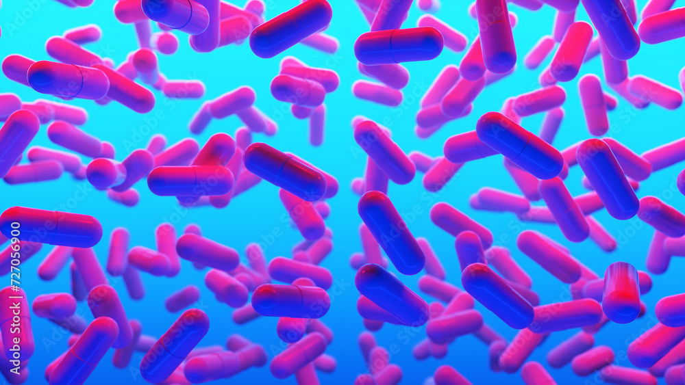 Multicolored 3D background with slowly floating capsules. Psychedelic drug for the treatment of severe stages of depression. Fashion, VJ, Neon concept. 3d rendering Multicolored 3D background with slowly floating capsules. Psychedelic drug for the treatment of severe stages of depression. Fashion, VJ, Neon concept. 3d rendering
