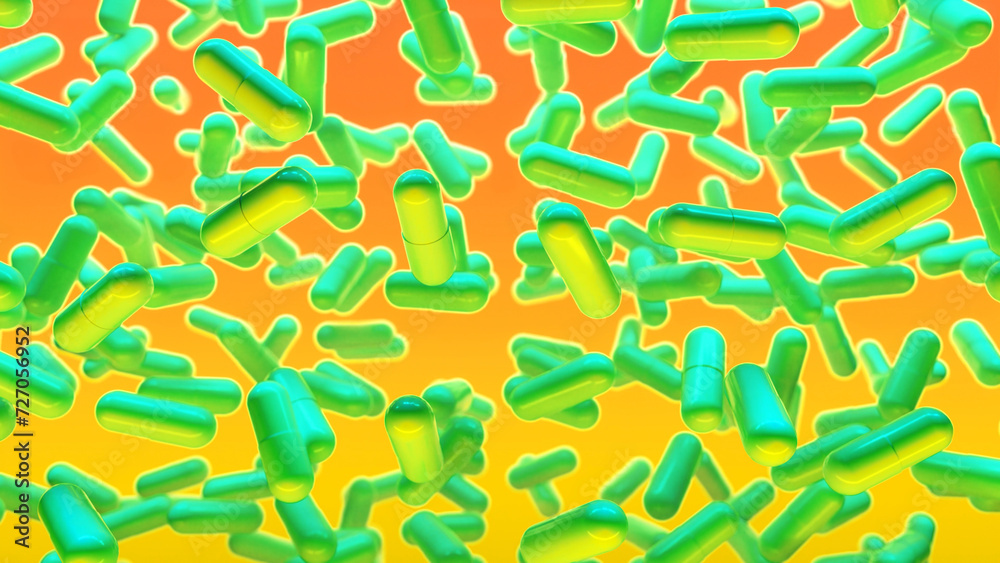 Multicolored 3D background with slowly floating capsules. Psychedelic drug for the treatment of severe stages of depression. Fashion, VJ, Neon concept. 3d rendering Multicolored 3D background with slowly floating capsules. Psychedelic drug for the treatment of severe stages of depression. Fashion, VJ, Neon concept. 3d rendering