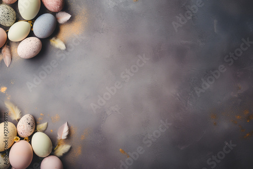 Easter celebration. Flatlay banner with colorful eggs and feathers. Soft muted pastel colors, neutral dark background with copy space and place for text. Holiday greeting concept, invitation card.