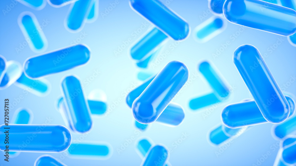 Glass transparent capsules moving down on a blue background. Tablet pills capsules float slowly in slow motion. 3d rendering Glass transparent capsules moving down on a blue background. Tablet pills capsules float slowly in slow motion. 3d rendering