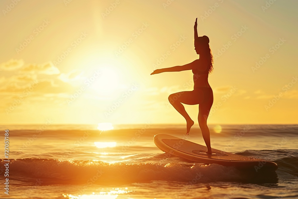 Young woman doing yoga on sup board with paddle. Meditative pose, side view - concept of harmony with the nature, free and healthy living, freelance, remote business.