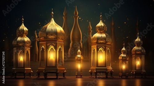 Golden traditional lamps for Islamic Holy Month of Fasting, Ramadan Mubarak, generative ai, 