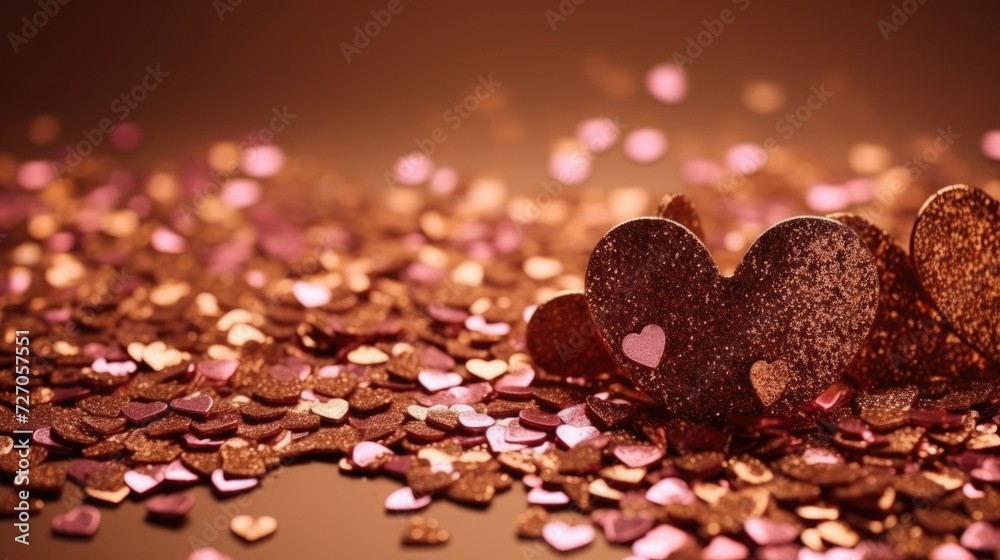 Pink and gold hearts and golden confetti on a dark background. Love concept. Abstract background for Valentine's day, Wedding, Birthday, Romantic greeting card, banner, invitation design Pink and gold hearts and golden confetti on a dark background. Love concept. Abstract background for Valentine's day, Wedding, Birthday, Romantic greeting card, banner, invitation design