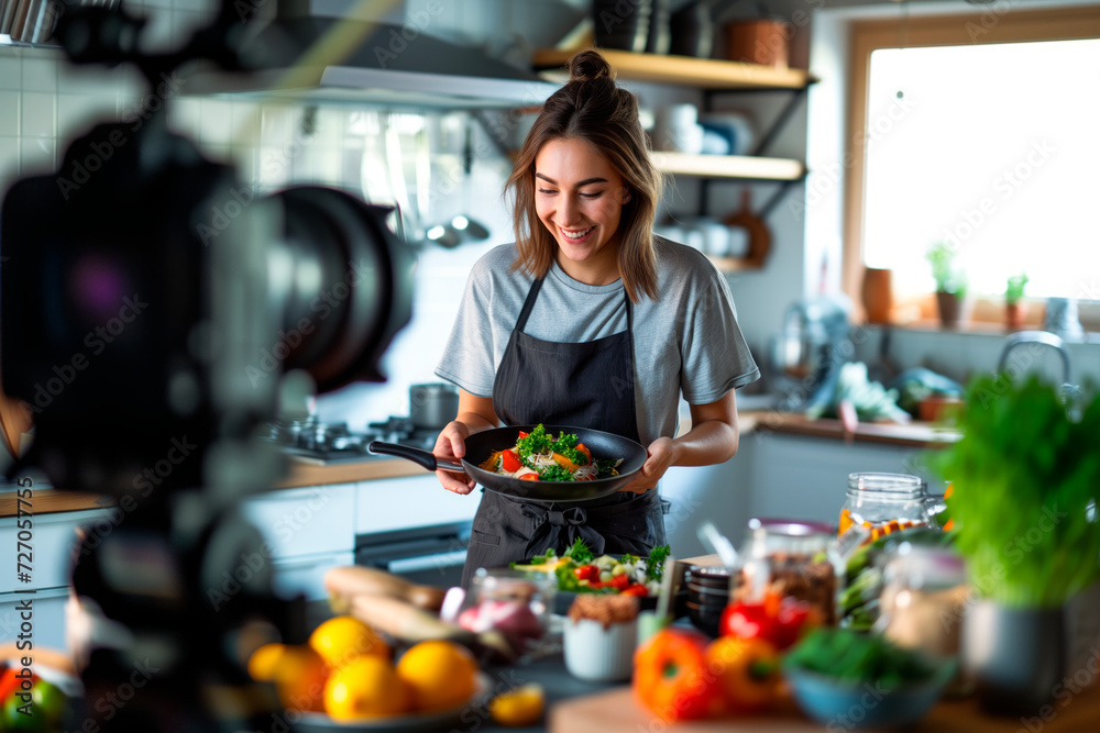 Culinary Delights on Camera. Food influencer presents dish to camera in kitchen. Culinary Delights on Camera. Food influencer presents dish to camera in kitchen.