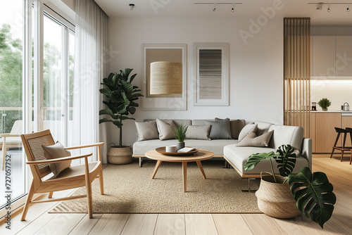 Scandinavian Home Elegance. Bright Scandinavian living room with chic decor and lush green plants.