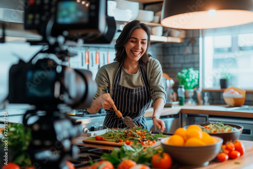 Culinary Delights on Camera. Food influencer presents dish to camera in kitchen. photo