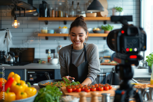 Joyful Food Blogger Creating Cooking Video. Delighted food blogger in apron preparing a vegetable dish while filming a cooking tutorial in a well-equipped kitchen.