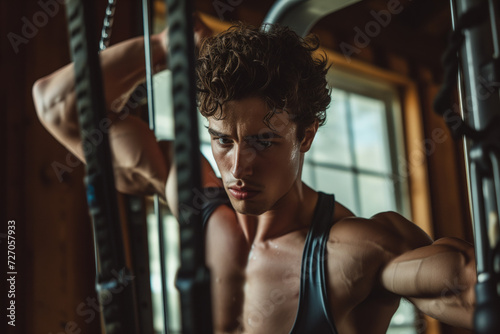 Focused Athlete During Gym Workout Session. Young determined male athlete engaged in an intense workout at a gym, showing concentration and effort.