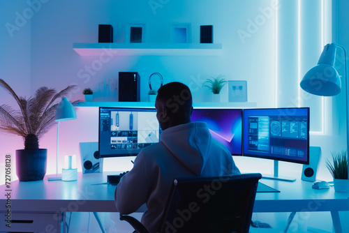 Modern Home Office with High-Tech Computer Setup. Person working late at a contemporary home office with a sophisticated dual monitor computer setup, ambient lighting, and stylish decor. photo
