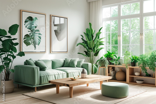 Soothing Scandinavian Living Space with Forest View. Airy living room with large windows  lush plants  and modern art.