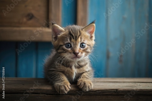 Kitten head with paws up peeking over blue wooden background. Little tabby cat curiously peeking out from behind blue background. Pets adoption, shelter, rescue, help for pets. Front view, copy space