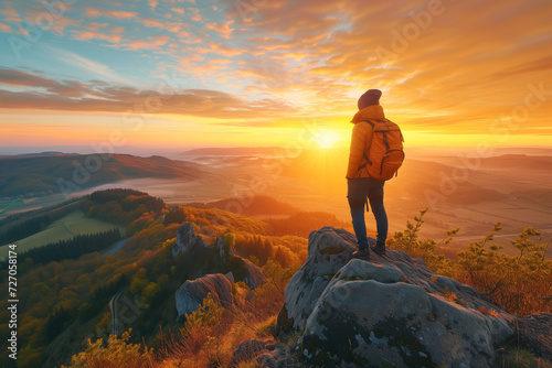 Explorer Overlooking Sunset in Vast Wilderness. Lone traveler with a backpack standing atop a ridge, gazing at the breathtaking sunset over the majestic landscape. © GustavsMD