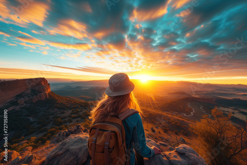 Sunset Vista Explorer. Traveler atop mountain at sunset, scenic view.