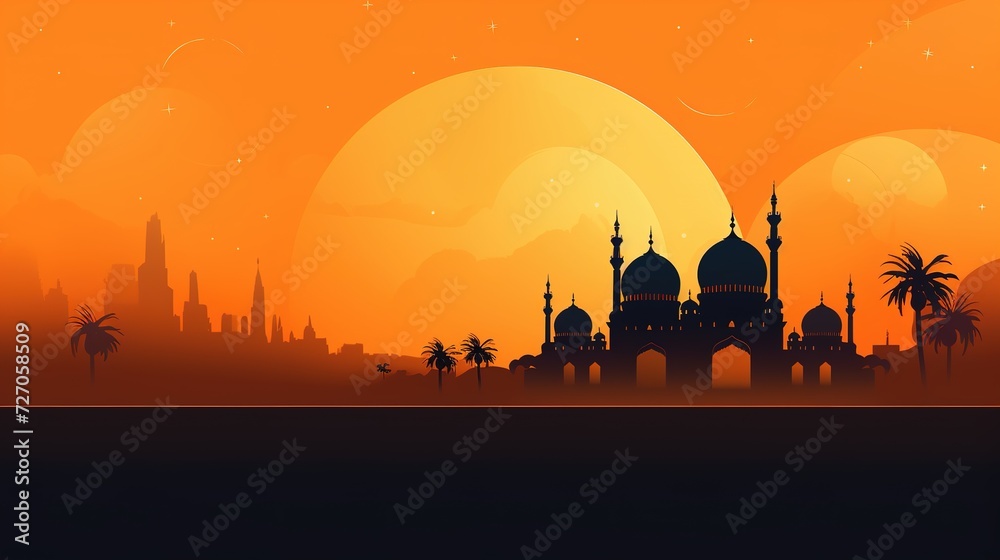Ramadan greeting card on orange background. Vector illustration, generative ai, 