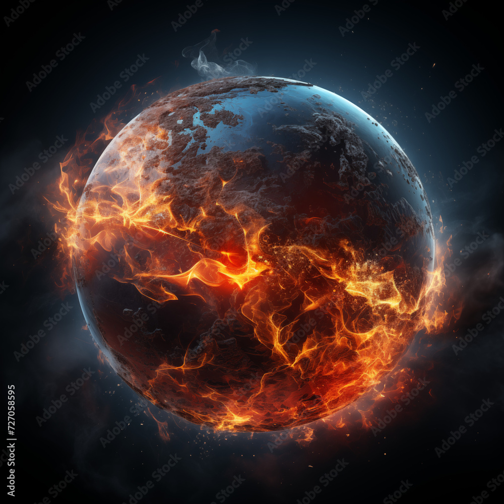 Planet Earth on fire after human kind destroyed every resource available. - obrazy, fototapety, plakaty 