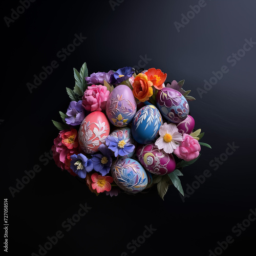 Wallpaper Mural Round Easter ornament with eggs and spring flowers on a dark background Torontodigital.ca