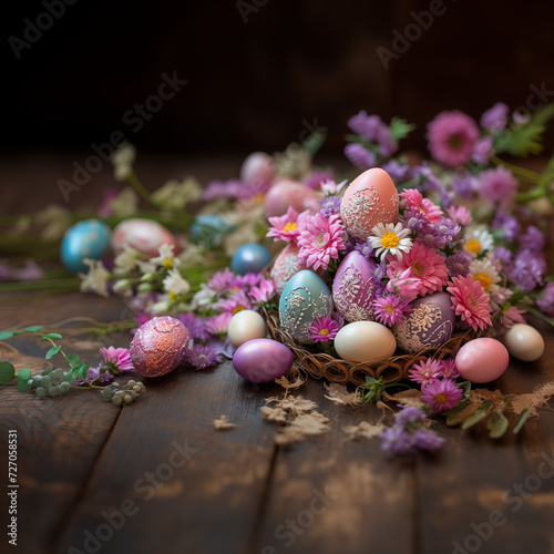 Easter eggs and spring flowers on a wooden floor