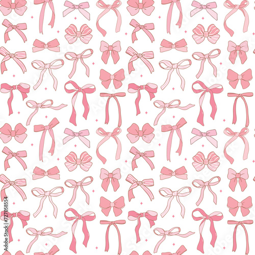cute coquette aesthetic pattern seamless pink ribbon bow doodle outline isolated on white background.