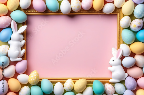 Coloured Easter eggs in pastel colours and little white rabbit on pink background