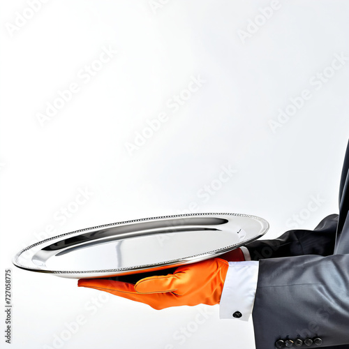 empty metal tray elegantly held by hand on white background, mockup