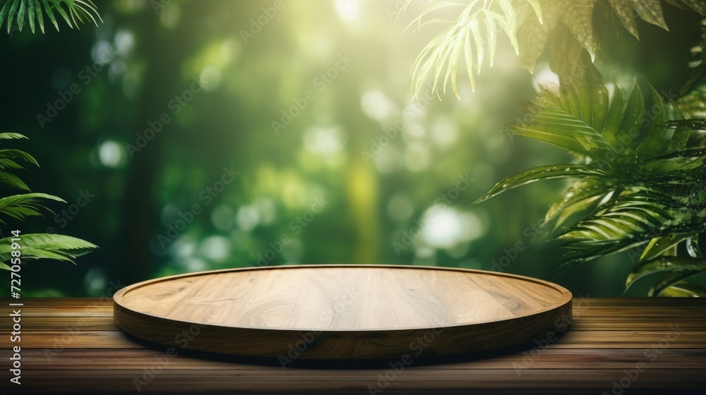 Fototapeta premium Empty wooden table top product display showcase stage. Tropical green jungle in the background.