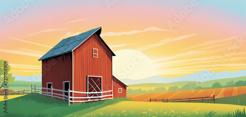 illustrazione di grande sole che tramonta su campi coltivati e un fienile, paesaggio campestre photo