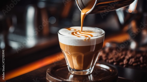 The artistry and ambiance of a cozy coffee shop by focusing on the skilled barista pouring a beautifully crafted cappuccino into a glass cup.