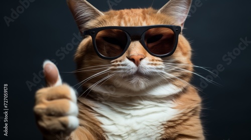 Cat wearing sunglasses and giving thumb up. Adorable pet illustration.