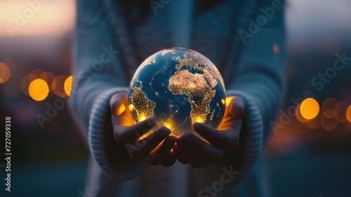 Fototapeta Naklejka Na Ścianę i Meble -  Hands cradling a glowing globe against a dusk sky backdrop