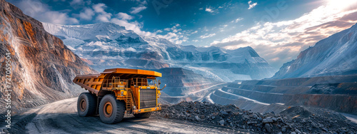 Massive Orange Haul Truck in Open Pit Mining Landscape, epic illustration
