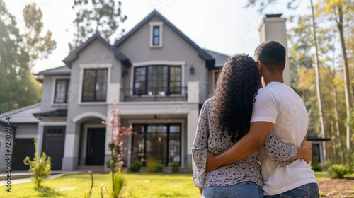Happy african american couple embracing in front of their new big modern house, rear view. Buying your dream home. Mortgage, home loan concept photo