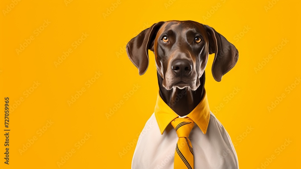 Dog in yellow outfit with tie on yellow background.