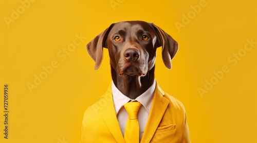 Dog in yellow outfit with tie on yellow background. © AIExplosion