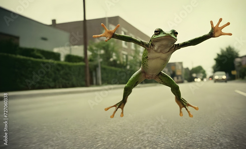 Frog in the air jumping over the street, concept illustration saying drive slowly, Stop, danger, frogger photo