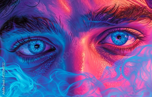 man's eyes close up in neon light