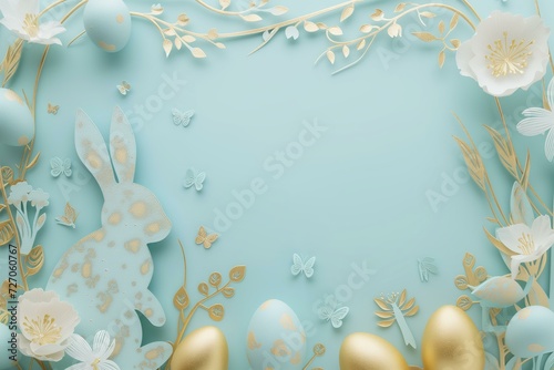 Easter card papercut style bunny and eggs, gold and pastel blue colors