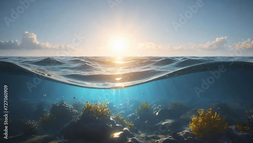 Half underwater view with sunset