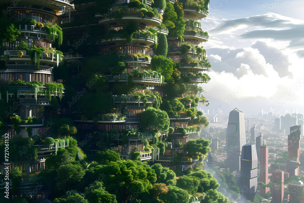 Begrünte Fassade eines Hochhauses mit Pflanzen in einer Stadt der Zukunft