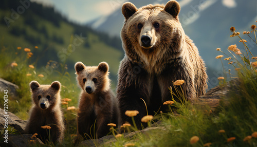 Recreation of bear mom with her cubs bears in the mountains photo