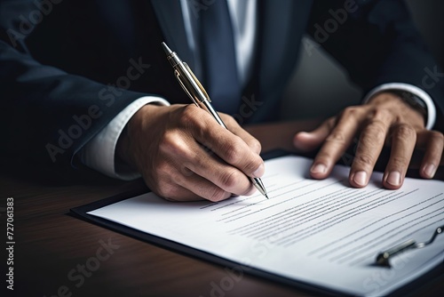 Business consultant, lawyer, businessman reading a contract, signing documents close-up view © Savinus