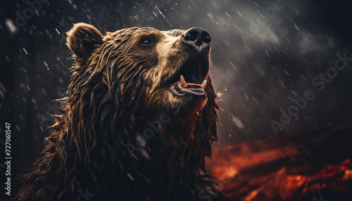 Recreation of the head of a bear under the rain