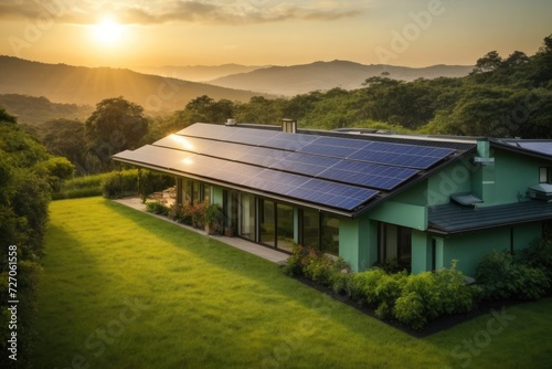 New suburban house with a photovoltaic system on the roof. Modern eco friendly passive house with solar panels on the gable roof