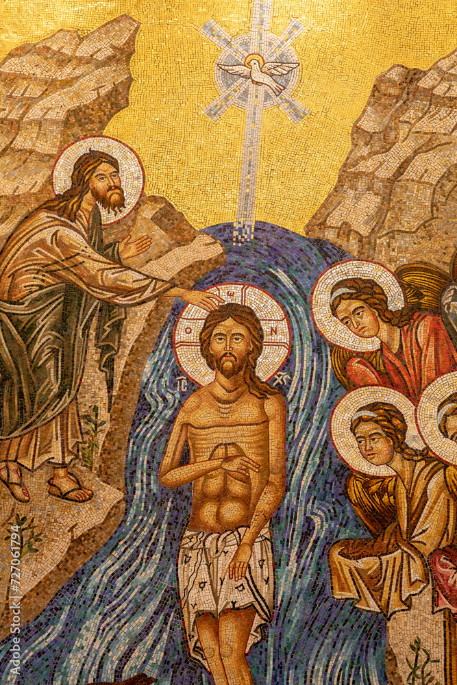 Saint Paul melkite (Greek catholic) cathedral, Harissa, Lebanon. Mosaic depicting Jesus's baptism