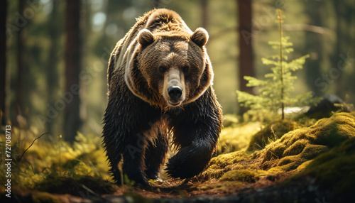 Recreation of a big bear in a forest 