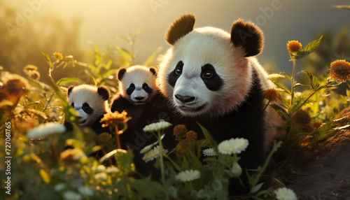 Recreation of a panda bear mom with her cubs panda bear in the field at sunset