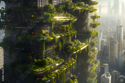 Begrünte Fassade eines Hochhauses mit Pflanzen in einer Stadt der Zukunft