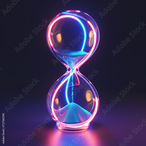 A minimalistic 3D render of a neon-lit hourglass, symbolizing the fluidity of time and the interplay of light in an artistic exploration.