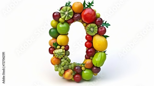 Assorted fruits and vegetables arranged to form a colorful and healthy number 0 on white background